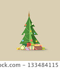 a christmas tree with gifts and bright decorations 133484115