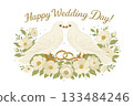 Happy Wedding Day!Two pigeons tenderly kissing surrounded by garland of flowers and pair of wedding rings in the center 133484246