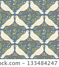 Happy Wedding Day!Two pigeons tenderly kissing surrounded by flowers and pair of wedding rings. Vector seamless pattern 133484247