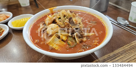 Jjamppong Korean Spicy Seafood Noodle Soup 133484494