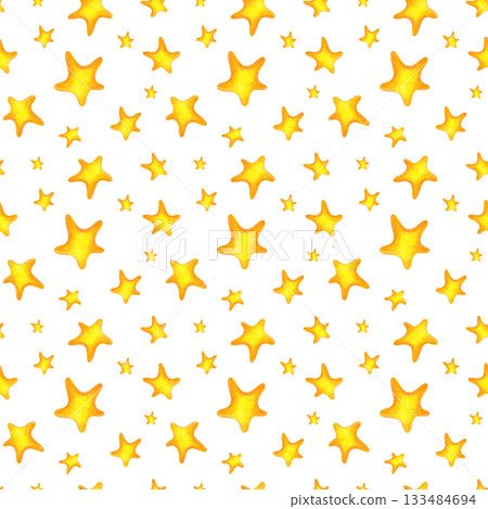 Seamless pattern with golden stars on an isolated background. Drawing with colored pencils. A pencil template for textiles, wallpaper for a children's room, or gift wrapping. Seamless pattern with golden stars on an isolated background. Drawing with colored pencils. A pencil template for textiles, wallpaper for a children's room, or gift wrapping. 133484694