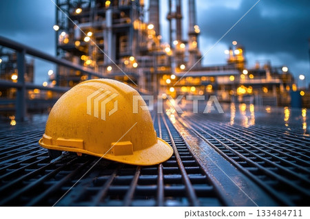 Industrial worker in safety vest and hard hat looks at a large oil and gas refinery or petrochemical plant. 133484711