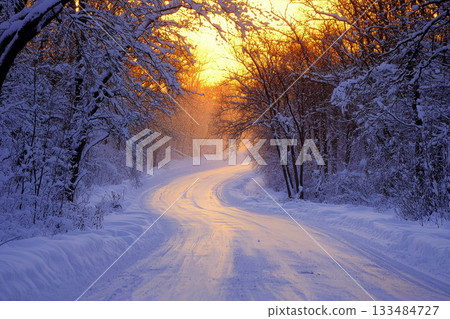 The photo shows snow-covered trees and a road in the middle of a forest during sunset. 133484727