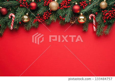 Christmas border composition with gift box , fir branches and red and gold christmas balls on a red background with copy space 133484757