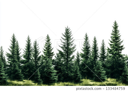A group of lush evergreen pine trees with dense green foliage, standing tall and isolated against a white background. 133484759