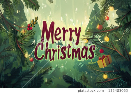 Christmas greeting card with Merry Christmas text, decorated with golden stars, red ornaments, and pine branches. Flat lay composition with copy space. Holiday season and winter celebration design 133485063