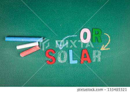 Solar Energy. Colorful Letters and Chalk Arrows on Green Board Solar Energy. Colorful Letters and Chalk Arrows on Green Board 133485321