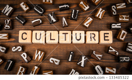 Word Culture Concept with Wooden Letter Blocks on Rustic Wooden Background Word Culture Concept with Wooden Letter Blocks on Rustic Wooden Background 133485322