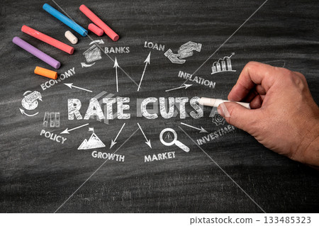 Rate Cuts Concept. Black scratched textured chalkboard background 133485323
