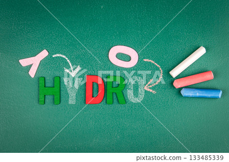 Hydro Energy Concept with Colorful Letters and Chalk Arrows on Green Board Hydro Energy Concept with Colorful Letters and Chalk Arrows on Green Board 133485339