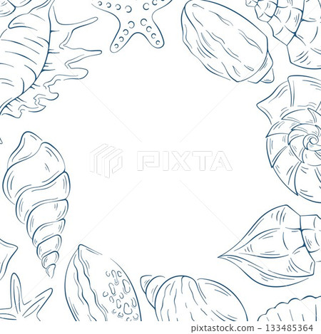 Line art style sea shell frame. Ocean, marine, beach concept. Illustration for greeting card, banner, poster, invitation. 133485364