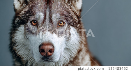 Stunning Portrait of a Beautiful Red and White Husky Puppy with Captivating Eyes and Soft Fur 133485462
