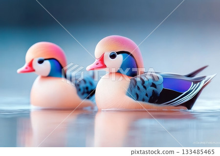 Dreamy Dawn Two Mandarin Ducks Serenely Floating Together on a Misty Pond, Romantic Wildlife Scene Dreamy Dawn Two Mandarin Ducks Serenely Floating Together on a Misty Pond, Romantic Wildlife Scene 133485465