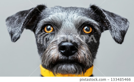 Charming Portrait of a Miniature Schnauzer with Expressive Orange Eyes on a Soft Gray Background Charming Portrait of a Miniature Schnauzer with Expressive Orange Eyes on a Soft Gray Background 133485466