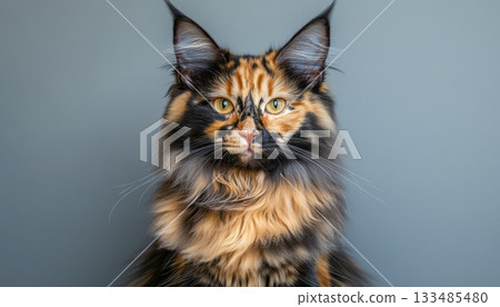 Charming Longhaired Cat Portrait on Gray Background, Showcasing the Feline s Unique Beauty and Grace 133485480