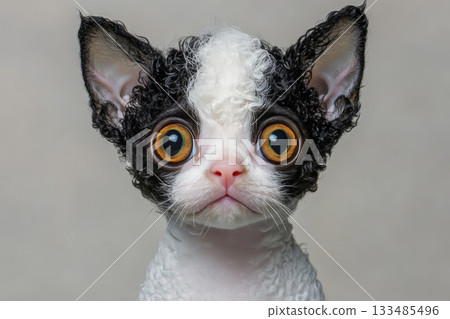 Charming LaPerm Cat with Curly Fur and Expressive Eyes Poses on Soft Neutral Gray Background Charming LaPerm Cat with Curly Fur and Expressive Eyes Poses on Soft Neutral Gray Background 133485496