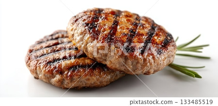 Grilled Double Burger Patties with Decorative Stripes and Fresh Leaves on White Background 133485519