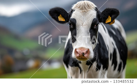 Majestic Holstein Cow Standing Gracefully in Lush Green Pasture Under Clear Blue Sky, Rural Serenity 133485532