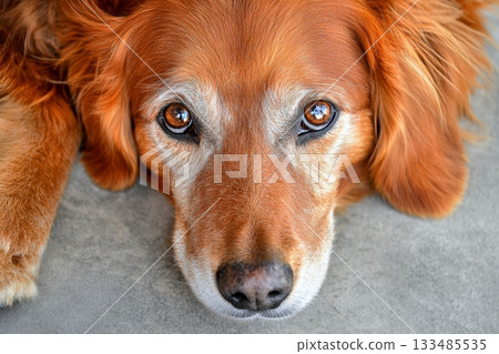 Close-Up of a Golden Retriever with Expressive Eyes and Gentle Beauty on a Soft Grey Background Close-Up of a Golden Retriever with Expressive Eyes and Gentle Beauty on a Soft Grey Background 133485535