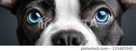 Charming Boston Terrier Puppy with Bright Eyes and Sweet Expression, Studio Portrait on Gray Charming Boston Terrier Puppy with Bright Eyes and Sweet Expression, Studio Portrait on Gray 133485542