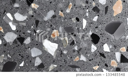 Stylish Monochrome Terrazzo Design with Gray Tones, Textured Mosaic Details, and Abstract Patterns Stylish Monochrome Terrazzo Design with Gray Tones, Textured Mosaic Details, and Abstract Patterns 133485548