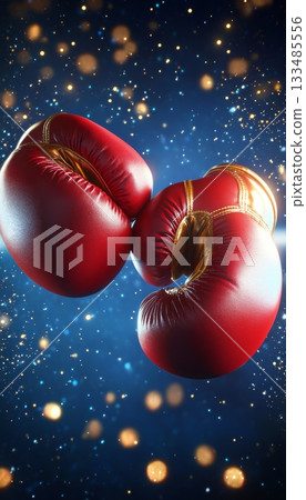 Dynamic Boxing Gloves in Action on a Ringside, Red Leather Equipment for Fighters Sparring Together 133485556