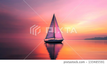 Tranquil Sailboat Journey Across the Calm Violet Sea at Dusk, Embracing Evening Serenity and Peace 133485591