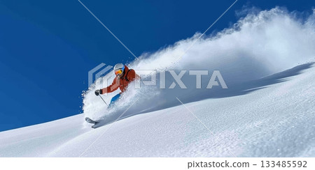 Male skier expertly carving down an adventurous high alpine mountain slope covered in powder snow. 133485592