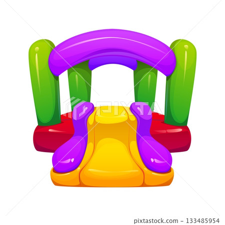 Trampoline park inflatable vector bouncy house with purple arches, green side pillars and wide yellow slide. Cartoon inflate house for amusement entertainment park and kids party playground Trampoline park inflatable vector bouncy house with purple arches, green side pillars and wide yellow slide. Cartoon inflate house for amusement entertainment park and kids party playground 133485954