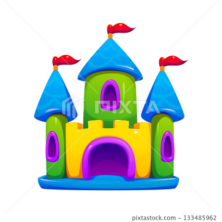 Inflatable castle or bouncy house for kids game play, cartoon vector trampoline park. Bouncy castle or bouncer house, entertainment park attraction and inflatable trampoline for kids playground Inflatable castle or bouncy house for kids game play, cartoon vector trampoline park. Bouncy castle or bouncer house, entertainment park attraction and inflatable trampoline for kids playground 133485962