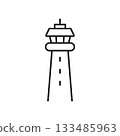 Airport Control Tower Line Icon. Air Traffic Management And Aviation Safety Outline Symbol. Flight Navigation And Communication. Editable Stroke. Isolated Vector Illustration 133485963