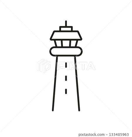 Airport Control Tower Line Icon. Air Traffic Management And Aviation Safety Outline Symbol. Flight Navigation And Communication. Editable Stroke. Isolated Vector Illustration 133485963