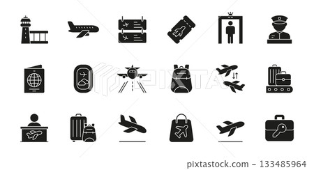 Airport Travel And Security Solid Icon Set. Aviation, Boarding, And Luggage Management Symbol Collection. Passport Control, Flight Information, And Baggage Handling. Isolated Vector Illustration 133485964