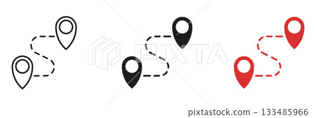 Waypoint Route with Circular Marker Line and Solid Icon Set. Journey Direction and Targeted Path Navigation Symbol Collection. Isolated Vector Illustration. 133485966