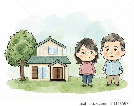 一對五十多歲的夫婦站在自家門前的插圖 133485971