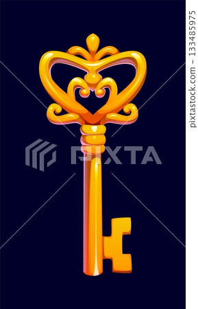 Cartoon Halloween fantasy golden key with a heart shaped frame, vector icon. Medieval key with curled embellishments in antique magical style for Halloween holiday and haunted castle or house lock Cartoon Halloween fantasy golden key with a heart shaped frame, vector icon. Medieval key with curled embellishments in antique magical style for Halloween holiday and haunted castle or house lock 133485975