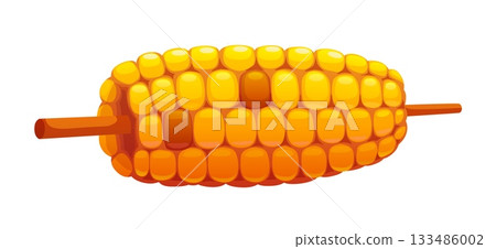 Cartoon grilled vector corn cob on wooden stick. Autumn farm street food on grill or barbeque. Fall harvest vegetable baked on barbecue with spices 133486002