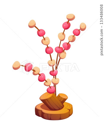 Cartoon festive Japanese new year decoration featuring a mizuhiki arrangement with mochi balls on twigs, set in a wooden base. Seasonal traditional holiday decor symbolizes good fortune and prosperity 133486008