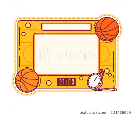 School education basketball court kids memo note template. Scrapbook vector school sport label, schedule frame. Kids diary child education memo note sticker with basketball rink, ball and stopwatch 133486009