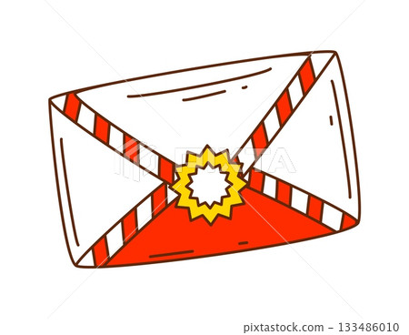 Groovy Merry Christmas envelope with retro cartoon vibe and red white stripes. Funky vector letter with golden star stamp for jolly postcard, trippy party and Christmas mail post 133486010