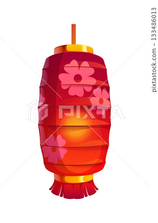 Red Japanese lantern decorated with Asian floral patterns, glowing from inside. Cartoon vector festival lamp for seasonal celebrations and holiday invitations. Oriental traditional Chinatown lamp 133486013