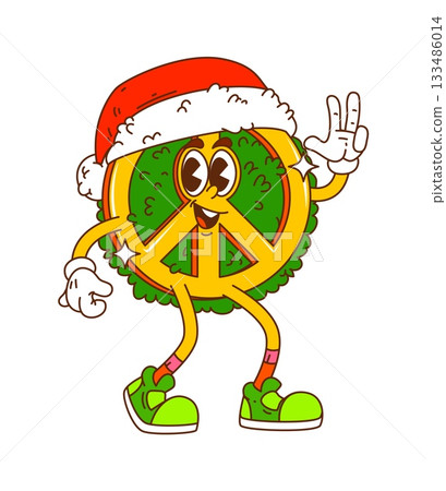 Groovy Christmas peace sign character wears Santa hat and green sneakers while flashing peace gesture. Funky vector retro mascot with trippy holiday vibe for holiday party Groovy Christmas peace sign character wears Santa hat and green sneakers while flashing peace gesture. Funky vector retro mascot with trippy holiday vibe for holiday party 133486014