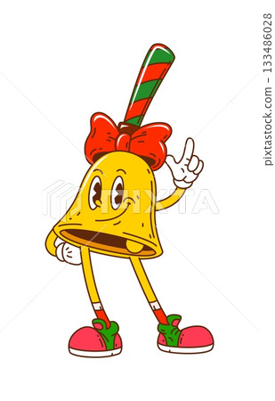 Groovy retro Christmas bell character with happy smiling face, red bow, and candy cane hat. Cute golden jingle bell mascot in sneakers with vintage comic design. Funky vector personage for xmas party Groovy retro Christmas bell character with happy smiling face, red bow, and candy cane hat. Cute golden jingle bell mascot in sneakers with vintage comic design. Funky vector personage for xmas party 133486028