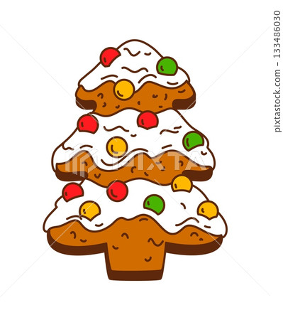 Funky fir tree gingerbread cookie with color icing decorations. Groovy vector Christmas cookie for winter holidays and xmas party. Funny vector food for kids and Santa with retro 70s vibe Funky fir tree gingerbread cookie with color icing decorations. Groovy vector Christmas cookie for winter holidays and xmas party. Funny vector food for kids and Santa with retro 70s vibe 133486030