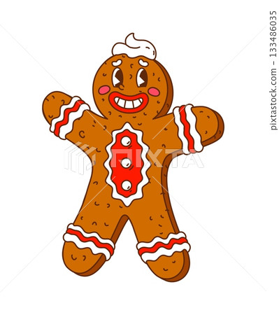 Funky gingerbread man cookie character with funny comic face. Christmas treat with white icing and strawberry jam. Groovy vector sweet personage for winter holidays and party Funky gingerbread man cookie character with funny comic face. Christmas treat with white icing and strawberry jam. Groovy vector sweet personage for winter holidays and party 133486035