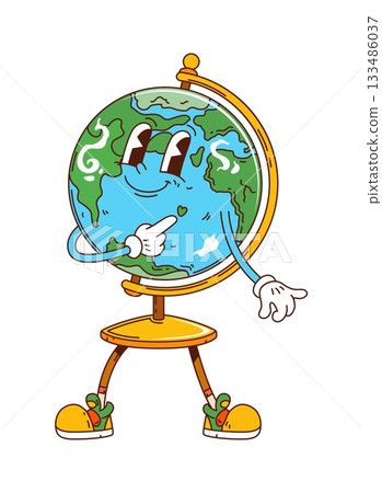 School education globe groovy vector character. Friendly Earth globe with a smiling face pointing at a small heart. Cute geography education personage with funky vibe for college and school 133486037