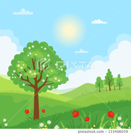 Spring landscape with flowering tree and blooming Red Poppy and White Flowers, blue sky and clouds. Seasonal Nature poster. Sunny springtime flat background. Vector illustration. Not AI 133486039