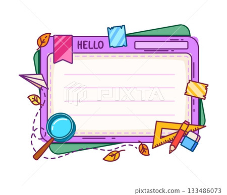 School education stationery kids memo note frame. Classes planner vector learning tools sticker, scrapbook frame. Schedule kids education memo note with magnifying glass, bookmark, pencil and eraser School education stationery kids memo note frame. Classes planner vector learning tools sticker, scrapbook frame. Schedule kids education memo note with magnifying glass, bookmark, pencil and eraser 133486073