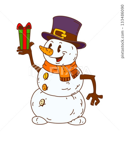 Groovy retro snowman character wears in purple bowler hat and orange scarf holding Christmas gift box. Funky vector snowman mascot with carrot nose for winter holidays and greeting cards Groovy retro snowman character wears in purple bowler hat and orange scarf holding Christmas gift box. Funky vector snowman mascot with carrot nose for winter holidays and greeting cards 133486090