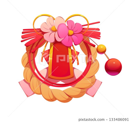 Japanese New Year decoration featuring braided straw rope, flowers and festive ornaments. Isolated cartoon vector seasonal holiday celebratory element symbolizes good fortune, culture and tradition Japanese New Year decoration featuring braided straw rope, flowers and festive ornaments. Isolated cartoon vector seasonal holiday celebratory element symbolizes good fortune, culture and tradition 133486091